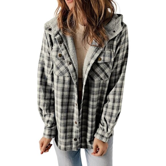 Womens Plaid Fleece Hooded Jacket Large Button Long Sleeve Casual Coat
